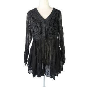 Vintage 90s/Y2K CTME Black Velvet Embroidered and Sheer Babydoll Top M